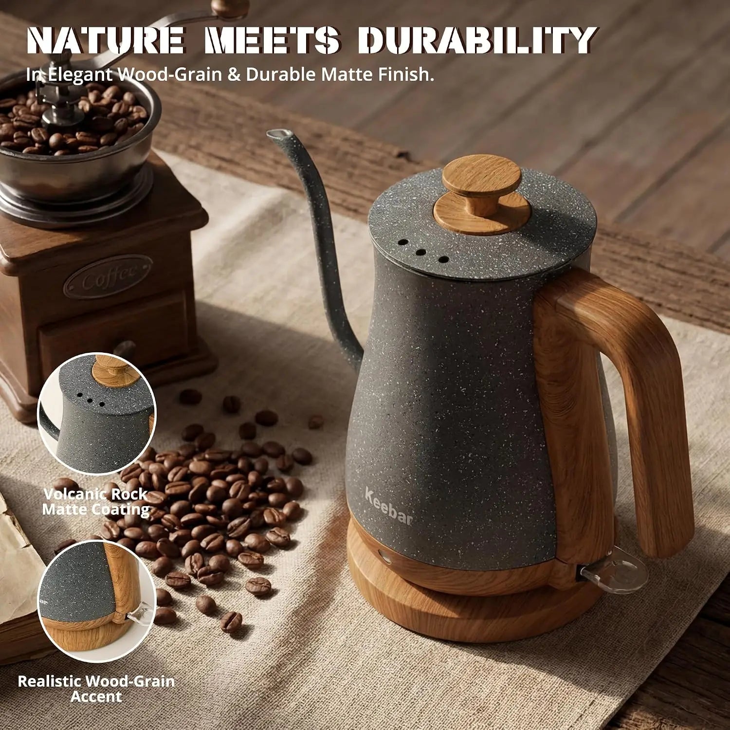1000W Electric Kettle, 0.8L Stainless Steel, Auto Shut-Off, Gooseneck Pour, Wood-Grain Handle