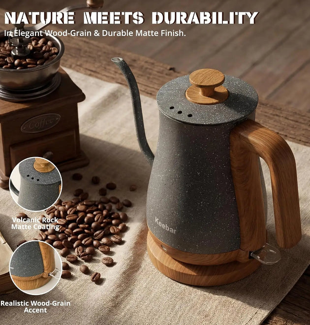 1000W Electric Kettle, 0.8L Stainless Steel, Auto Shut-Off, Gooseneck Pour, Wood-Grain Handle