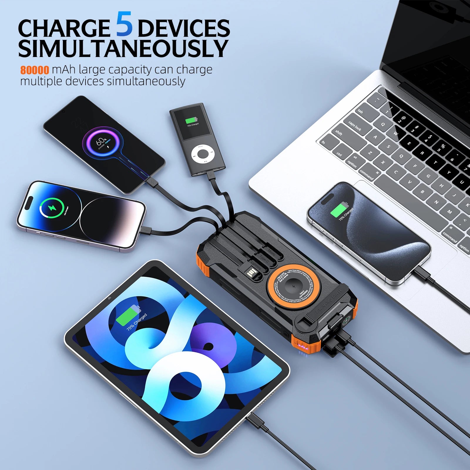 2026 NEW Solar Power Bank 80000mAh 22.5W Magnetic Wireless Powerbank
