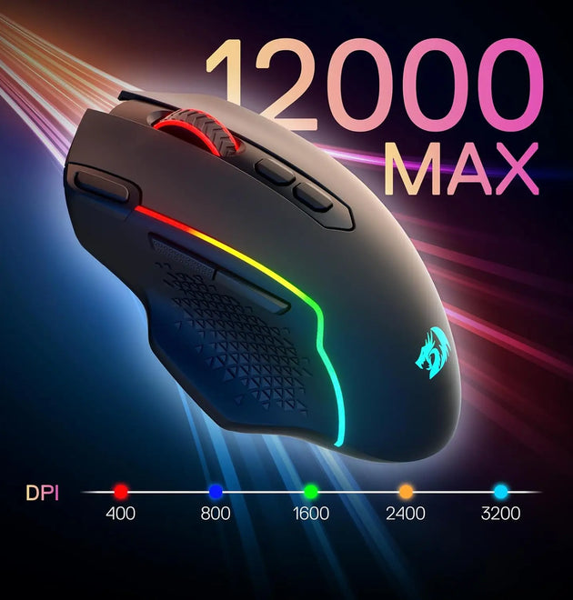 Redragon M810 MAX 3-Mode Wireless Gaming Mouse, 12000 DPI Wired/Wireless RGB Mouse,Rapid Fire Key, 8 Macro Buttons