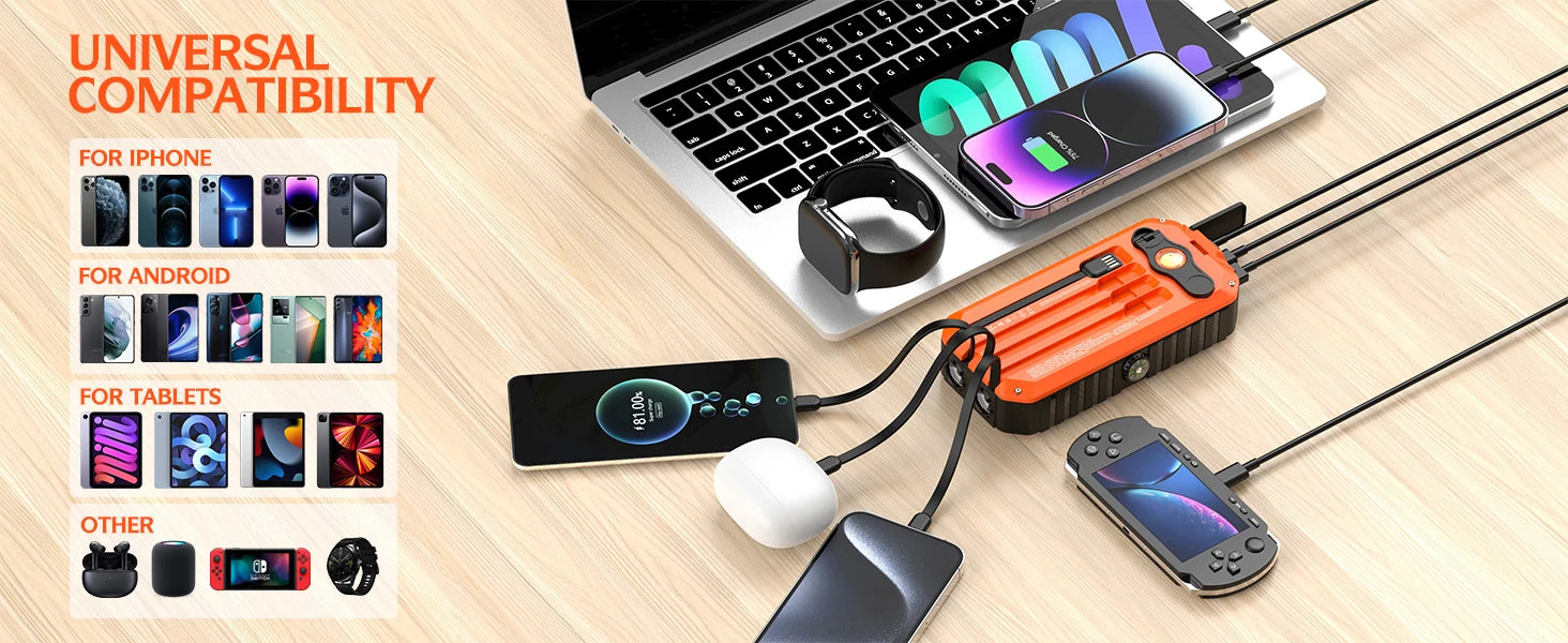Solar Charger Power Bank 40000mAh Built in 4 Cables and Hand Crank