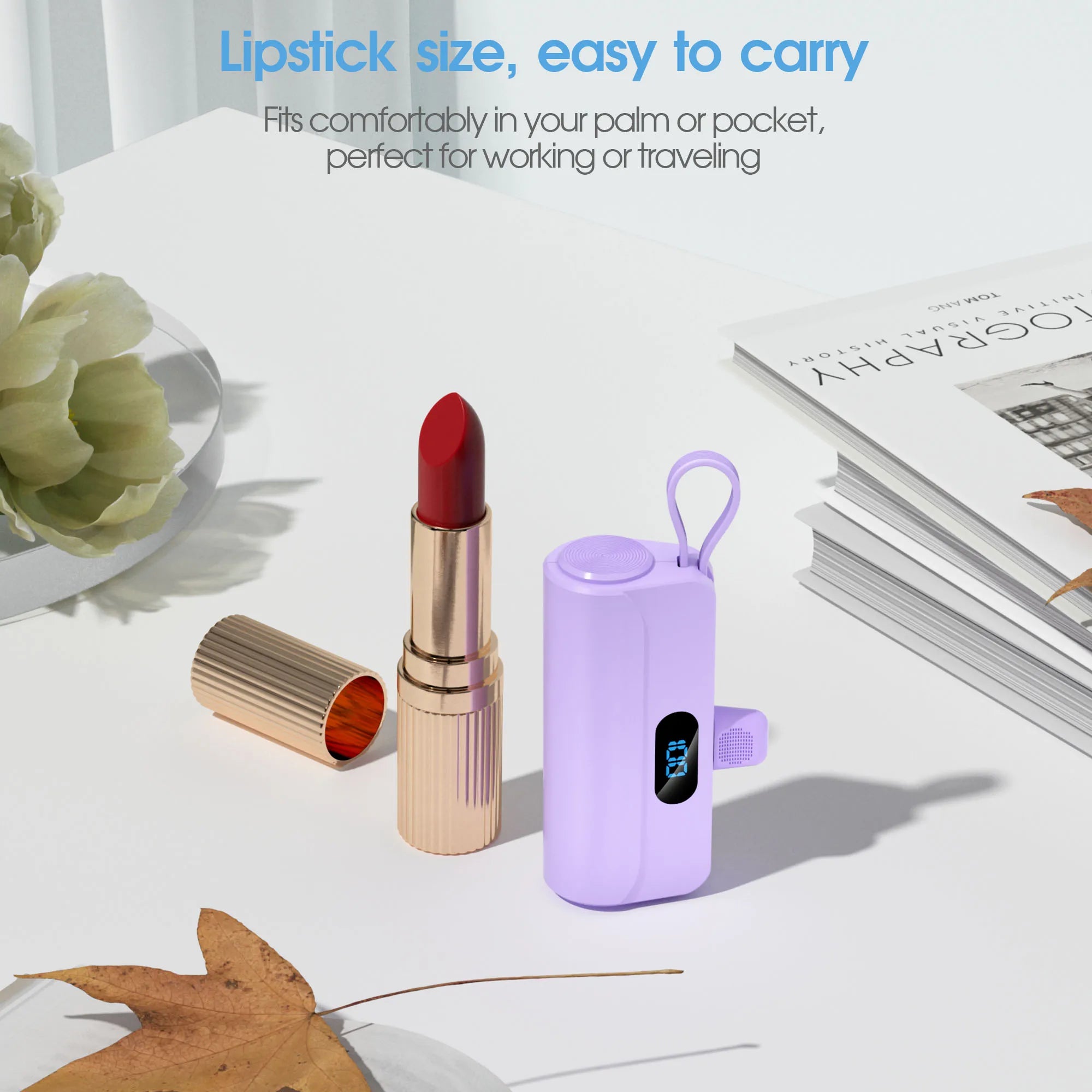 Mini Portable Charger with Built in Lightning port Type-C Cable, Foldable Stand,