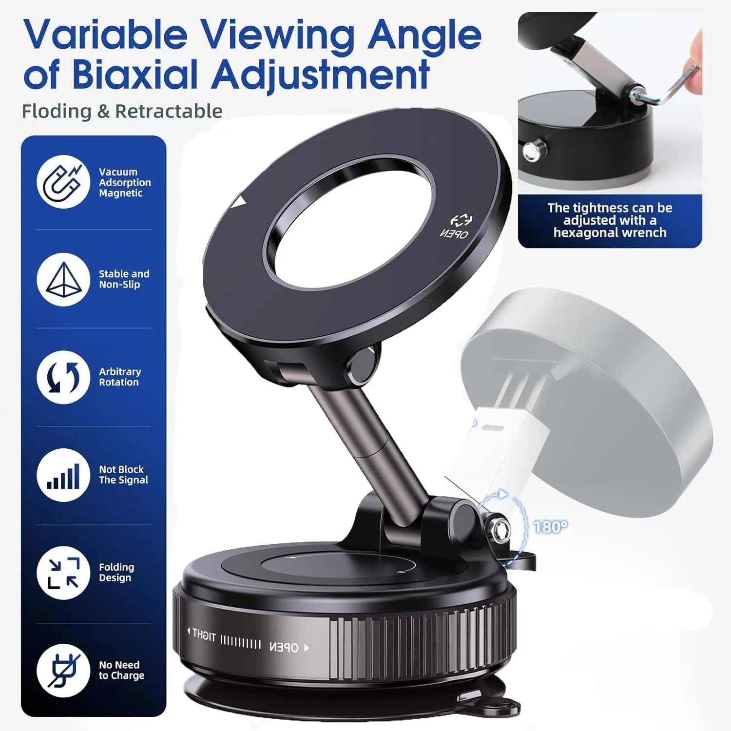 Magnetic Phone Holder Foldable Design 360° Adjustable Vacuum Car Mount