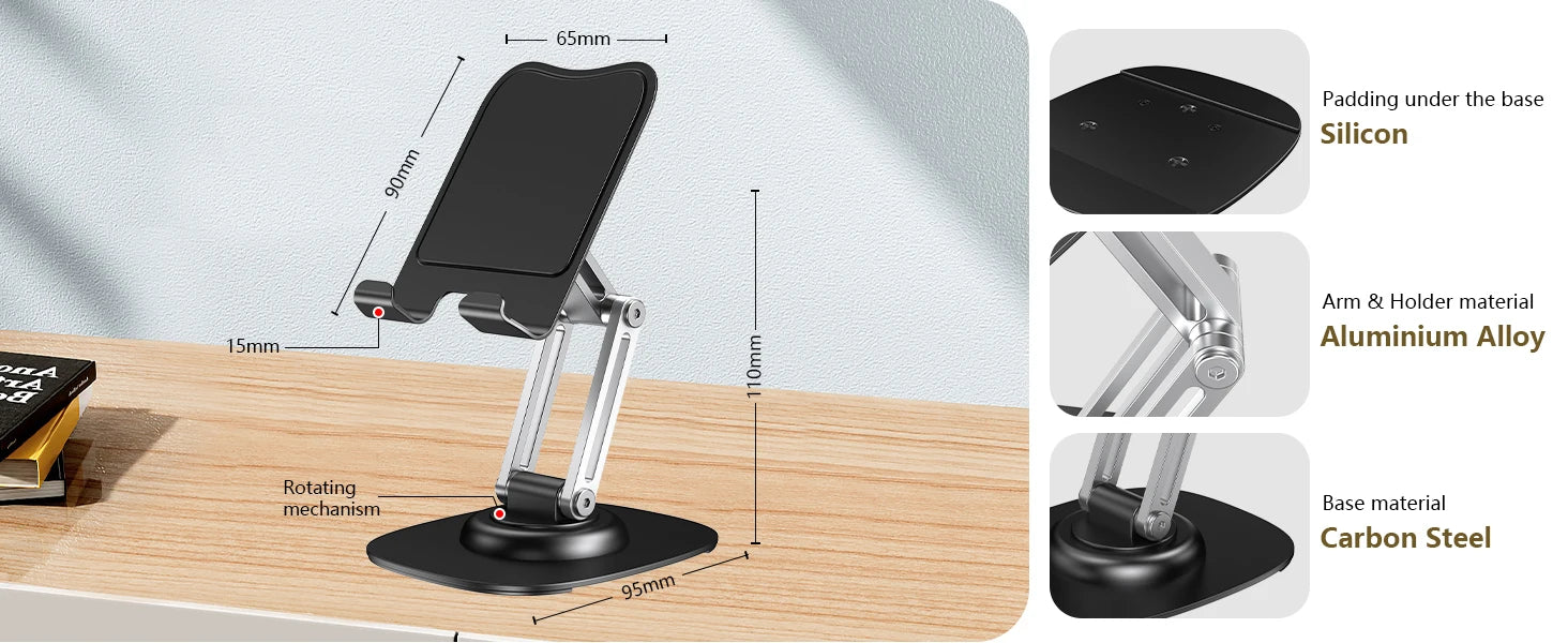 Aluminum Alloy Foldable Desktop Phone Stand with 360° Rotating Metal Base