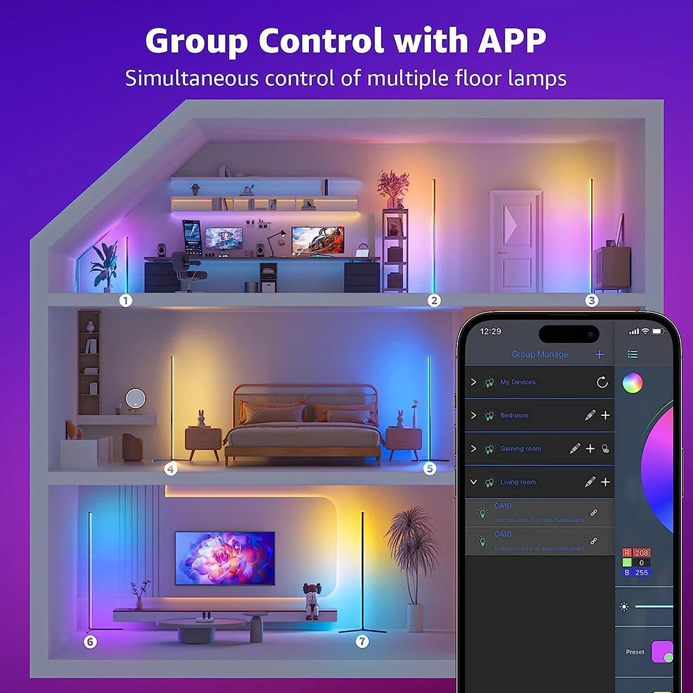Living Room Dimmable RGB Corner Floor Lamp 140cm Stand Smart APP LED Mood