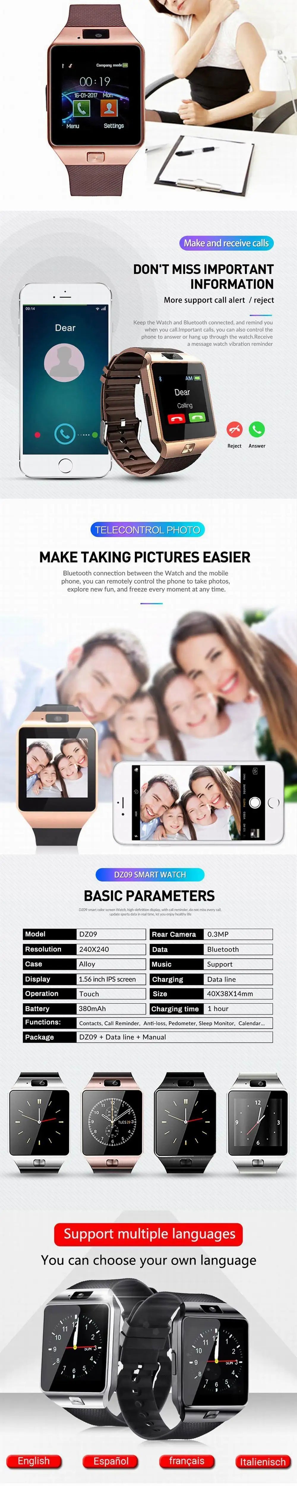 Smart Watch DZ09 Digital Touch Screen Q18 Bracelet Camera Bluetooth WristWatch SIM Card Smart Watch IOS Android Phones Support
