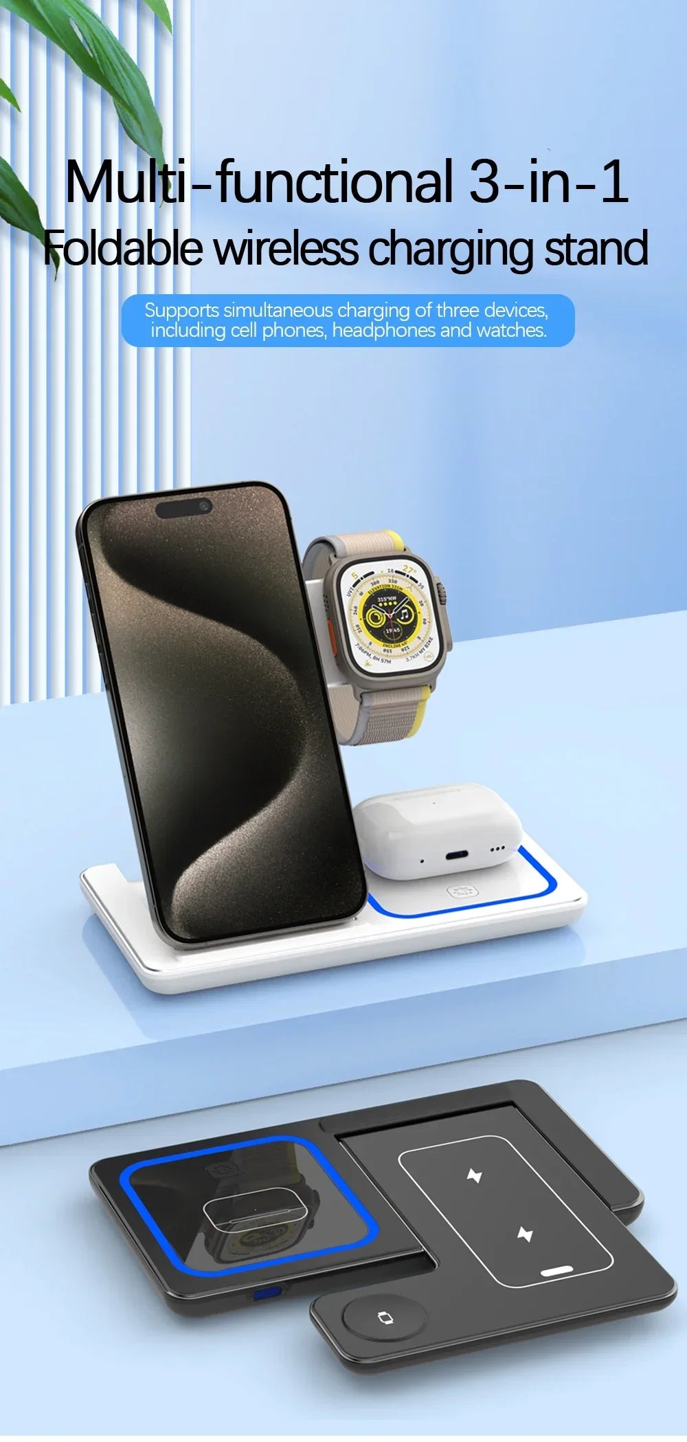 3 in 1 Folding Wireless Charger Stand For iPhone 17 16 15 14 13 12 Pro Max Fast Charging Station For Apple Watch 11-2 SE Airpods
