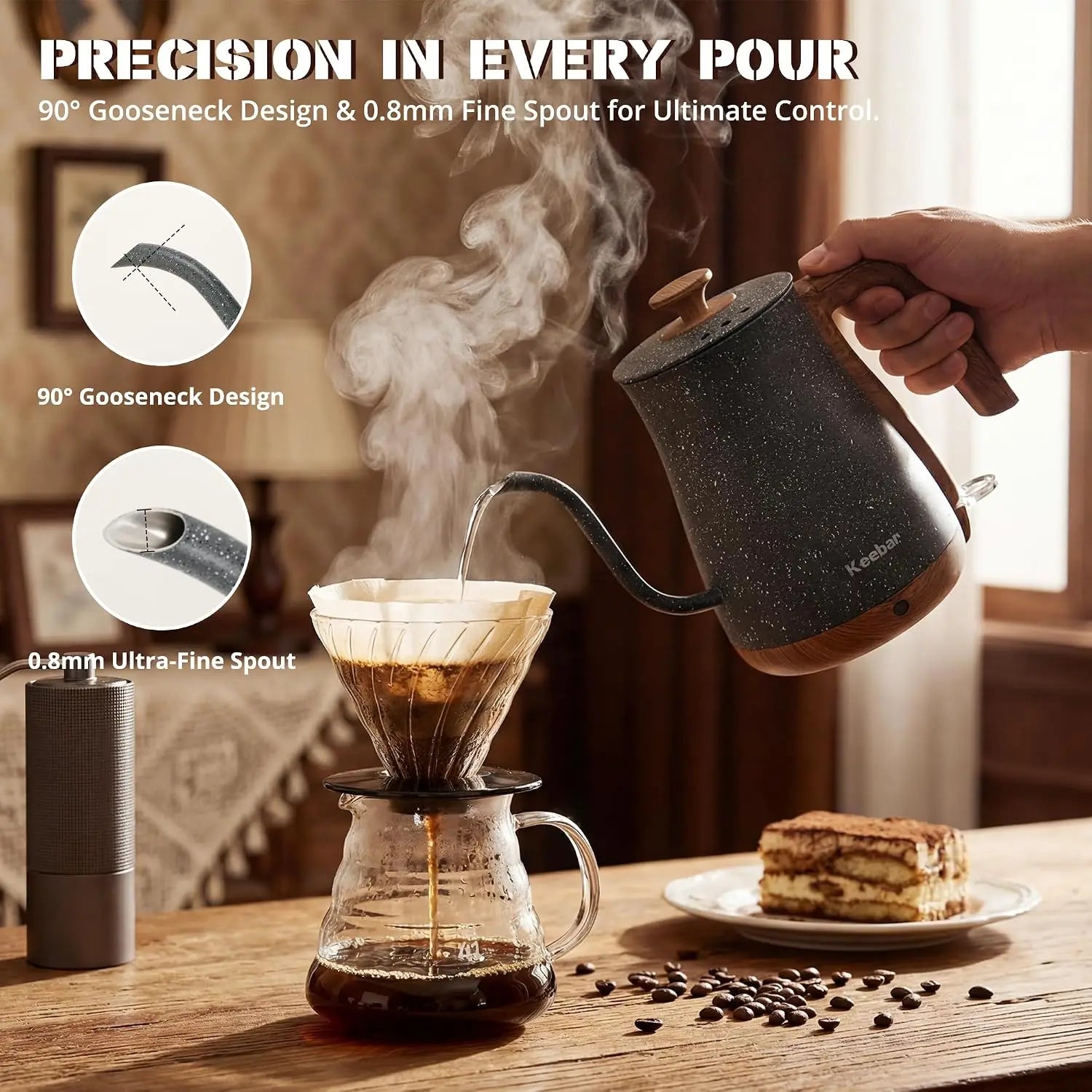 1000W Electric Kettle, 0.8L Stainless Steel, Auto Shut-Off, Gooseneck Pour, Wood-Grain Handle
