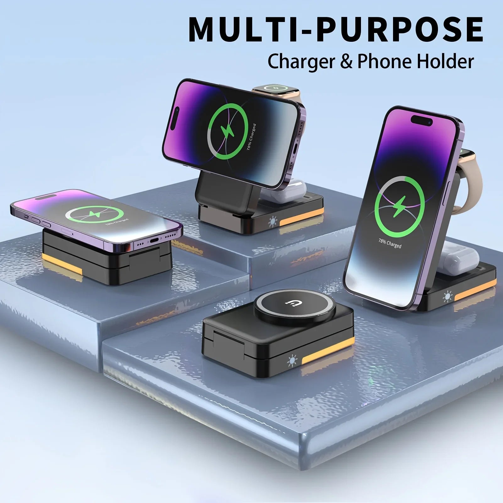 LED Light Wireless Charger Stand 3 in 1 Foldable For iPhone Watch Charging Station
