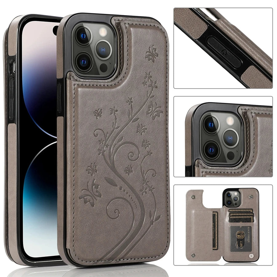 Wallet Butterfly Embossing Slot Magnetic Flip Leather Case For iPhone Plus Cover