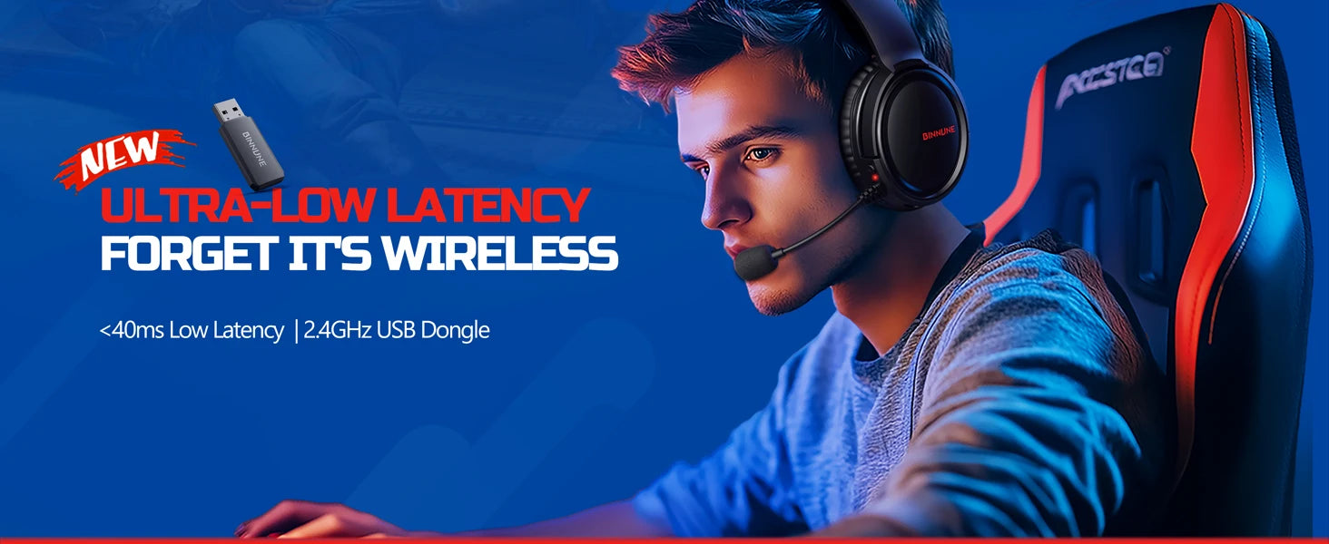 BINNUNE Wireless Gaming Headset with Mic Lightweight Over-Ear Gaming
