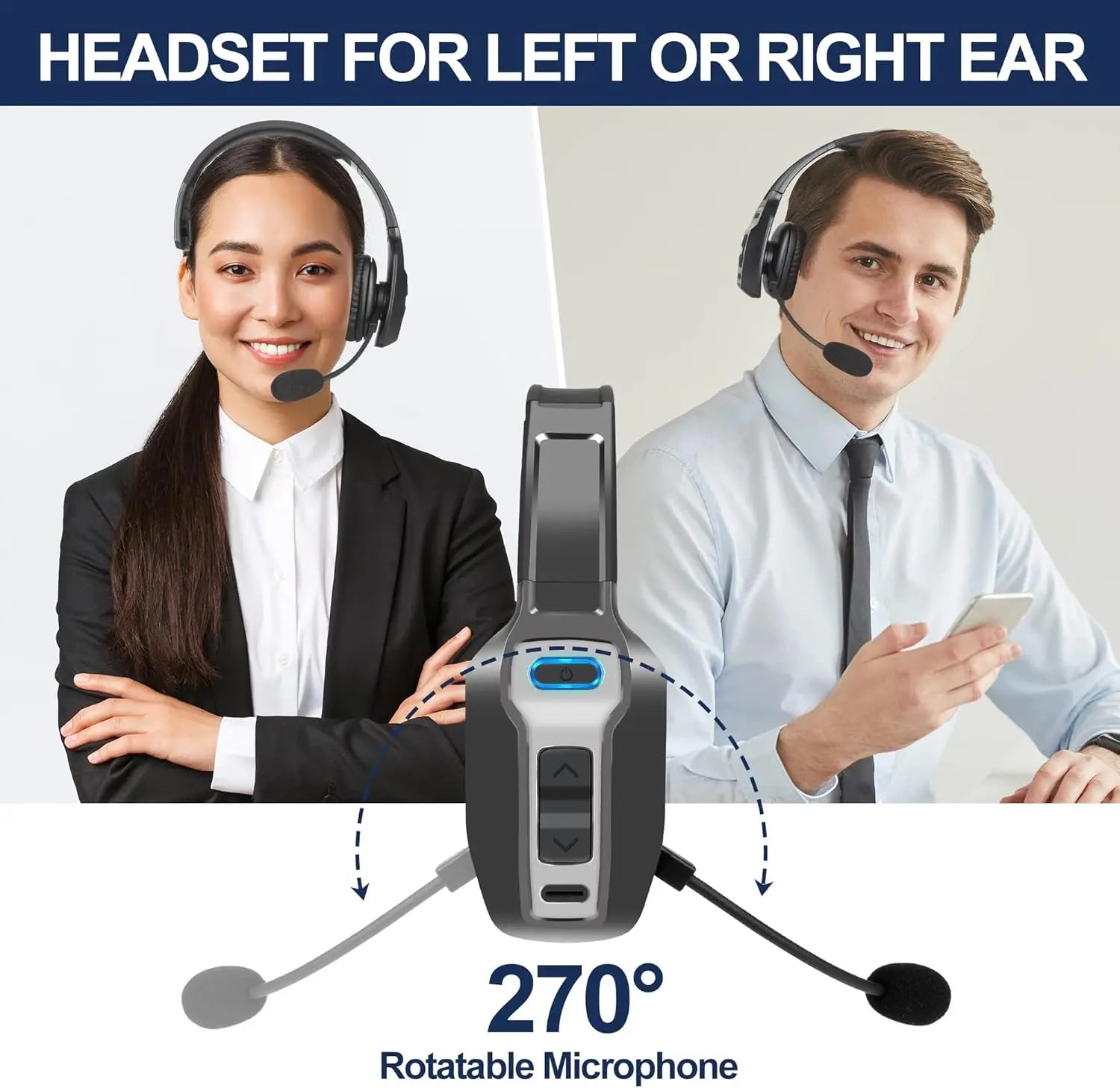 Trucker Bluetooth Headset with Dual Mic Noise Canceling, CVC8.0, Mute Button, 60Hrs Battery Wireless Headset, On Ear Headphone