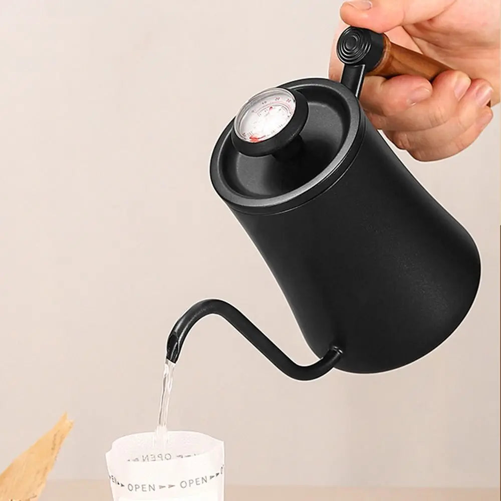 Stainless Steel Goose Neck Coffee Pot Drip Port Wooden Handle Long Narrow Drip Carafe Anti-scald Scale Hand Brewing Kettle