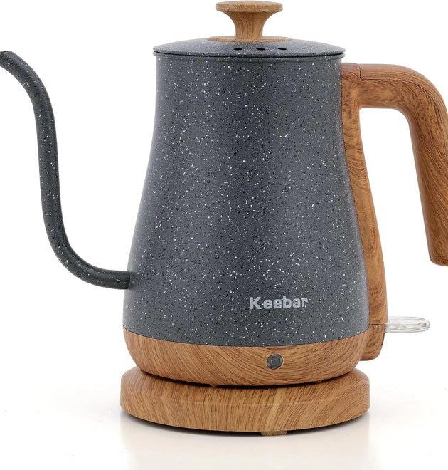 1000W Electric Kettle, 0.8L Stainless Steel, Auto Shut-Off, Gooseneck Pour, Wood-Grain Handle