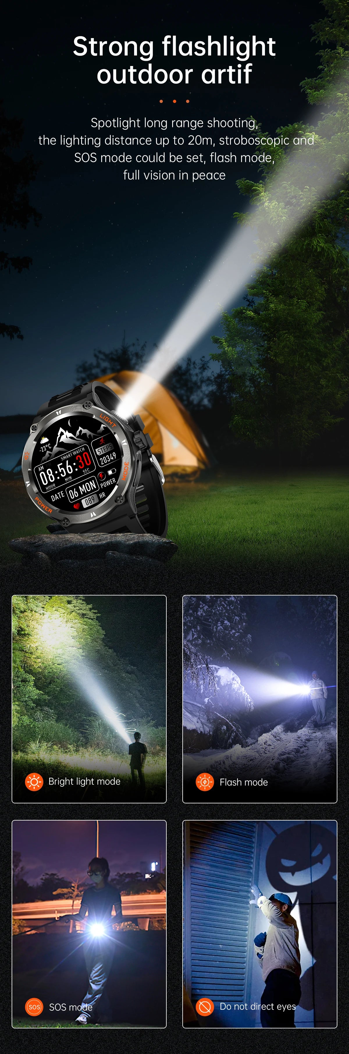 KT76 Sports Smartwatch Men With Flashlight 1.53-inch HD Screen BT Calls 3ATM Waterproof Compass Health Monitor