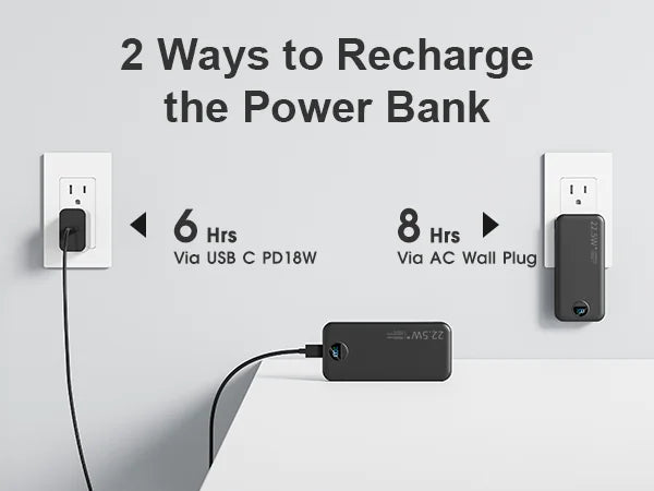 Power Bank with Built-in AC Plug & Dual Cables, PD20W Fast Charging Type-C