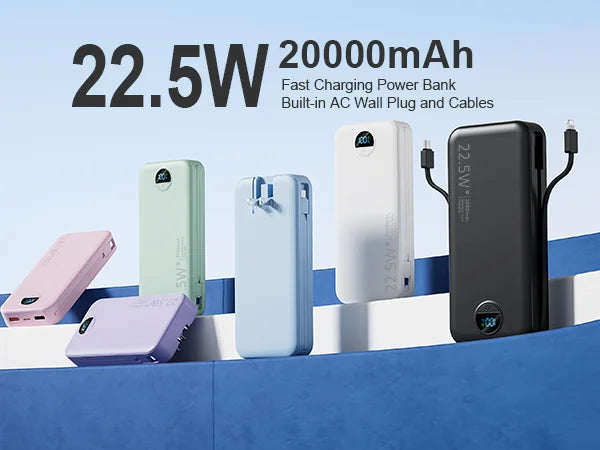 Power Bank with Built-in AC Plug & Dual Cables, PD20W Fast Charging Type-C