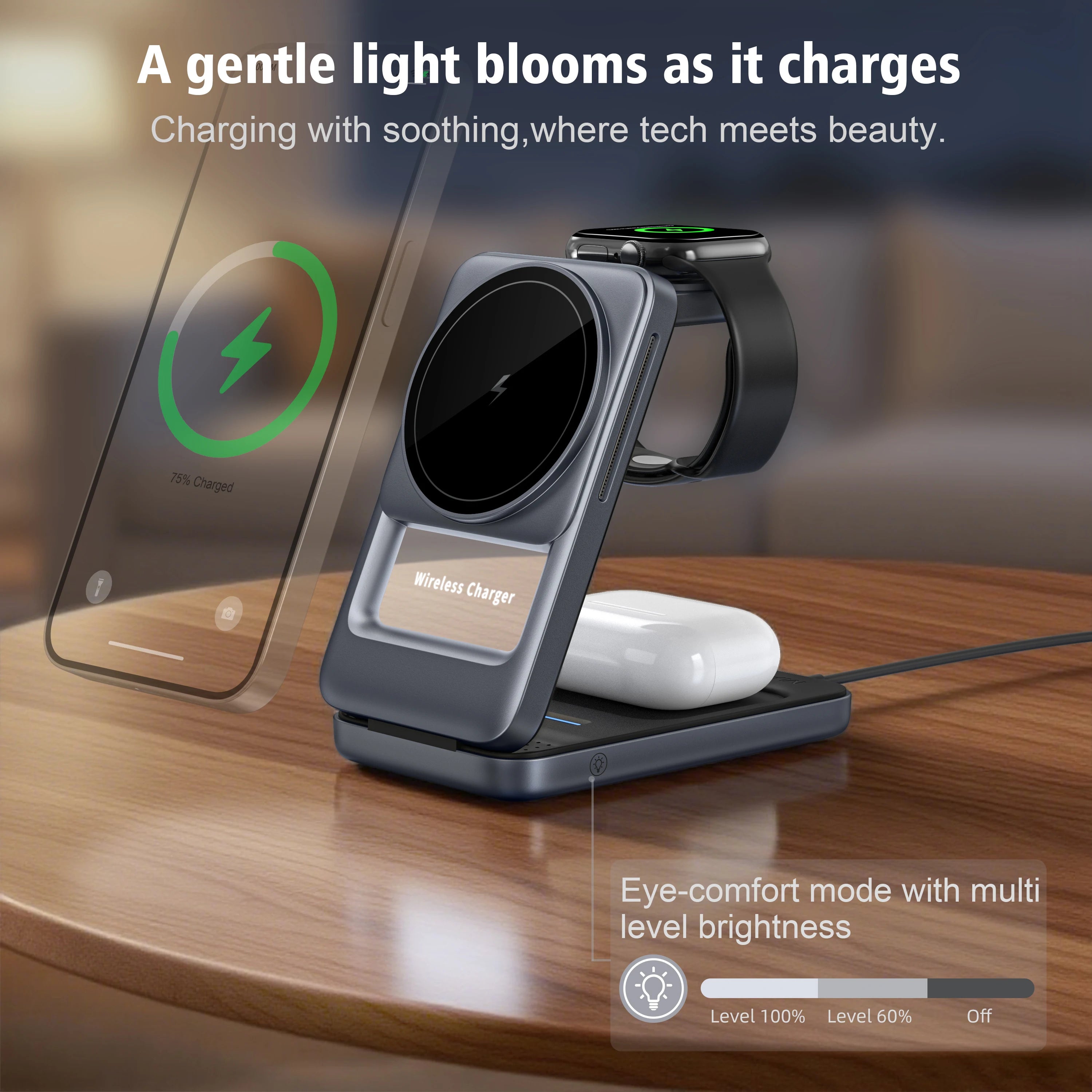 3 in 1 Wireless Charger Stand for iPhone 17 16 15 14 13, Apple Watch & AirPods Pro Foldable Travel Design & Night Light