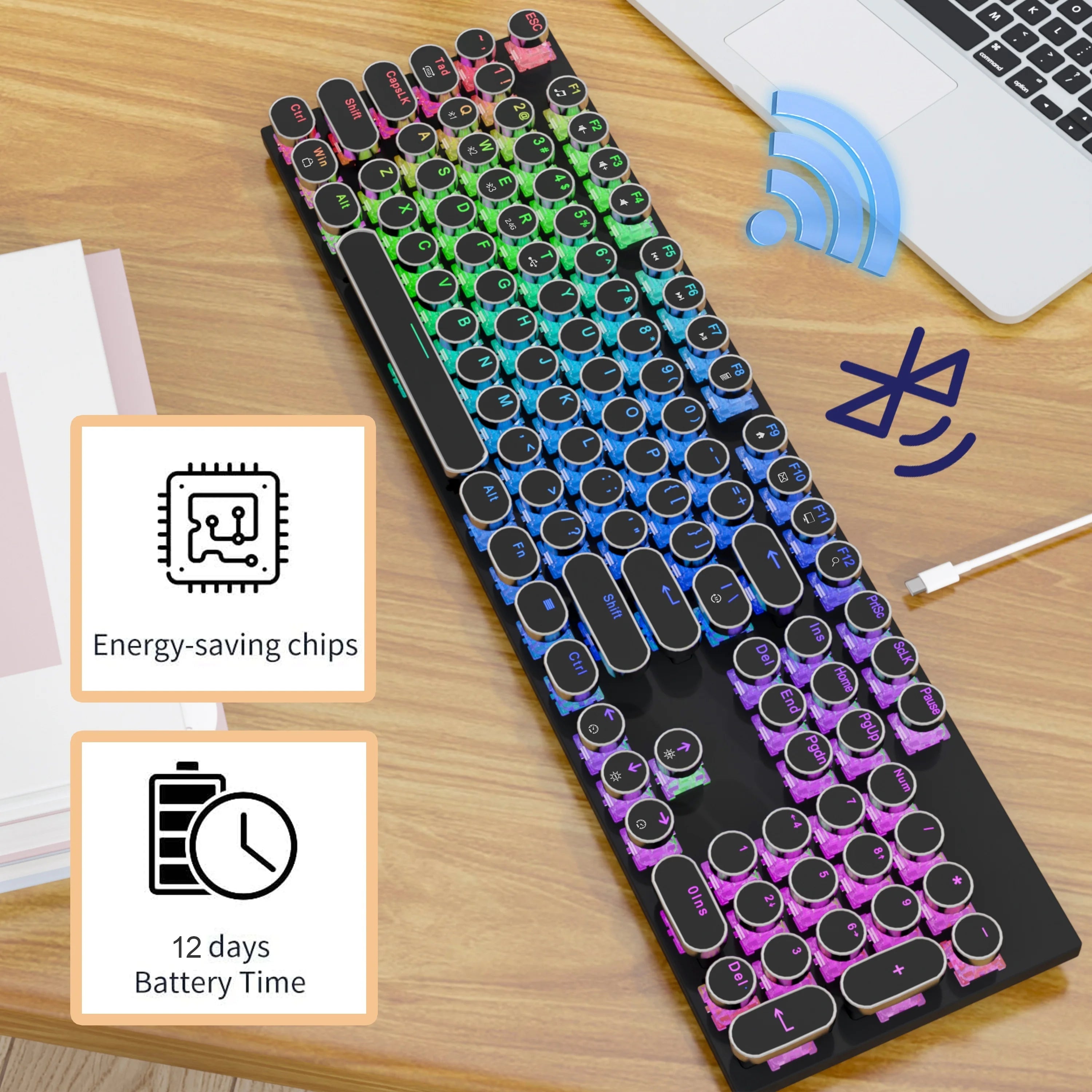 RGB Wireless Punk Typewriter Mechanical Keyboard Round Keycaps Key Game