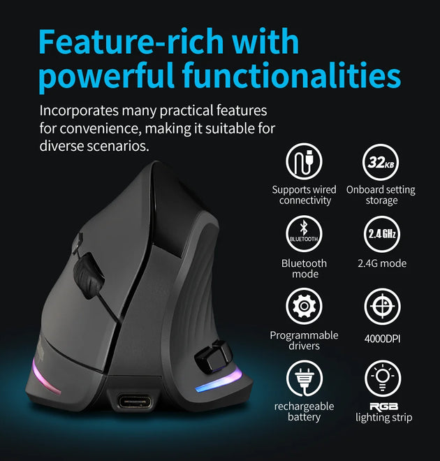Lefon 2.4G Ergonomic Wireless Mouse Rechargeable Vertical Mouse Gaming Mice for PC Laptop MacOS Office F35C/F35B/F35 Model 버티컬 마