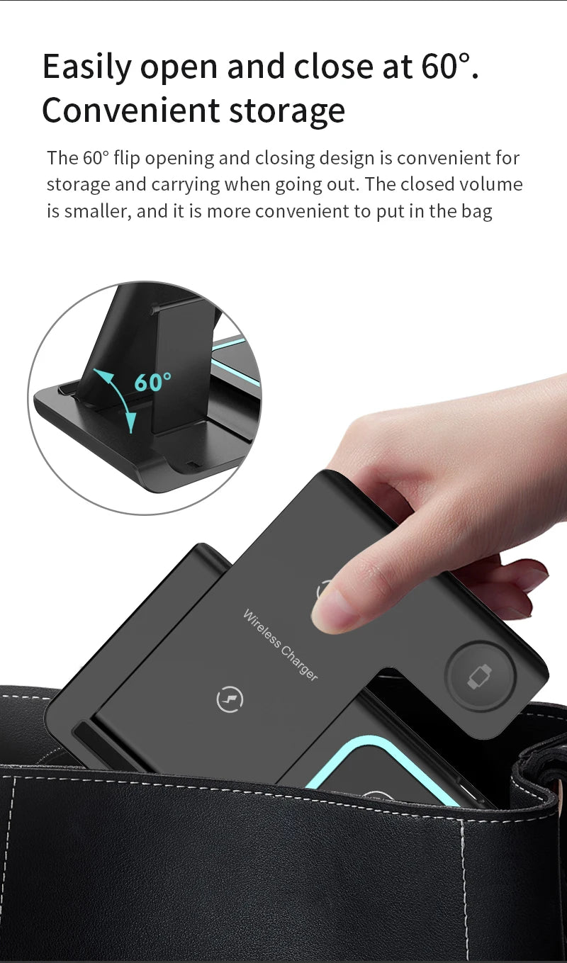 3 in 1 Wireless Charging Station Travel Charging Pad for iPhone 12~17 Series,iWatch and Airpods  15W  Fast Charger Foldable