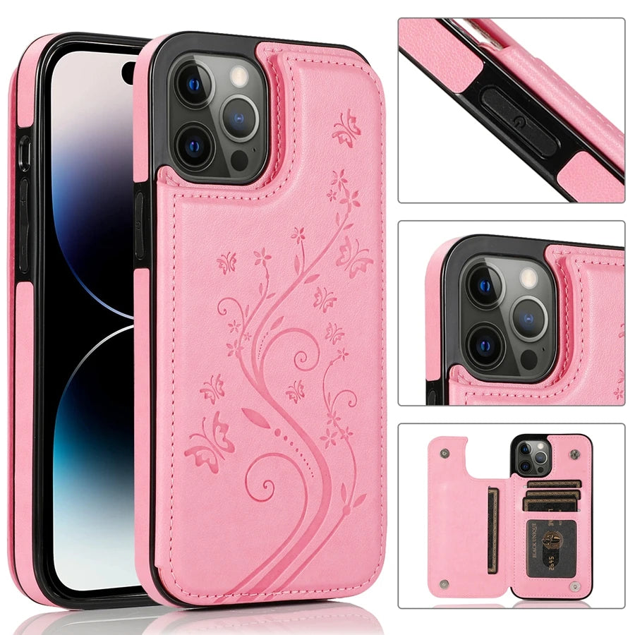Wallet Butterfly Embossing Slot Magnetic Flip Leather Case For iPhone Plus Cover