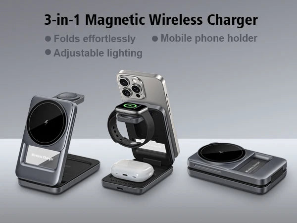 3 in 1 Wireless Charger Stand for iPhone 17 16 15 14 13, Apple Watch & AirPods Pro Foldable Travel Design & Night Light