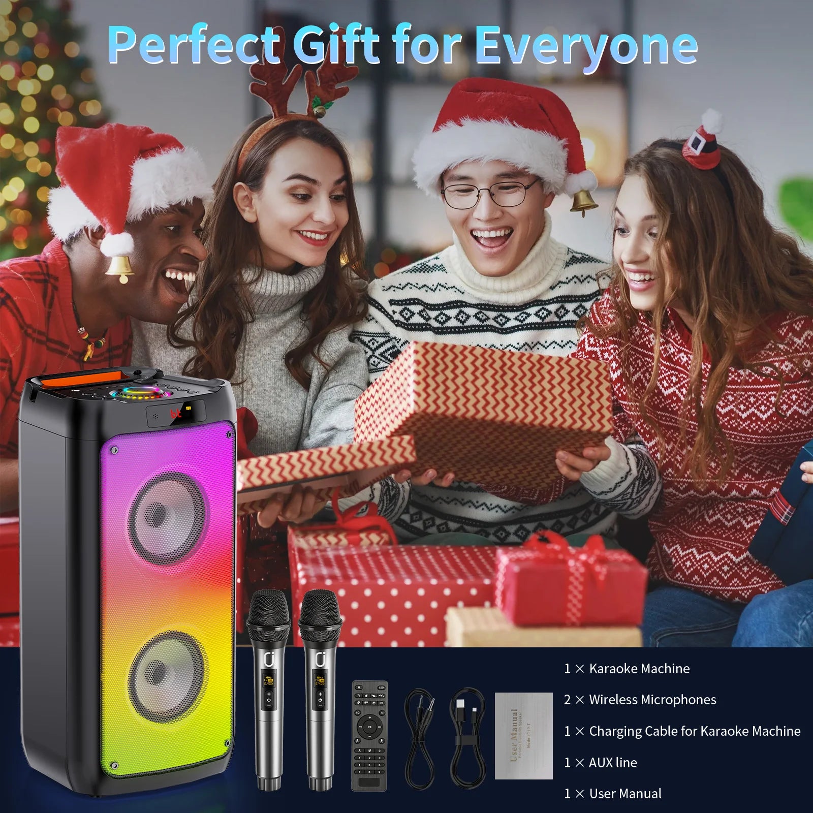 Wireless Bluetooth Speaker, Karaoke Machine with 2 Microphone LED Light