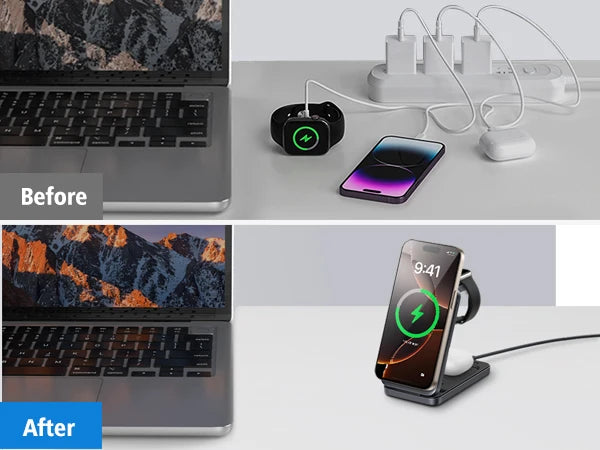 3 in 1 Wireless Charger Stand for iPhone 17 16 15 14 13, Apple Watch & AirPods Pro Foldable Travel Design & Night Light