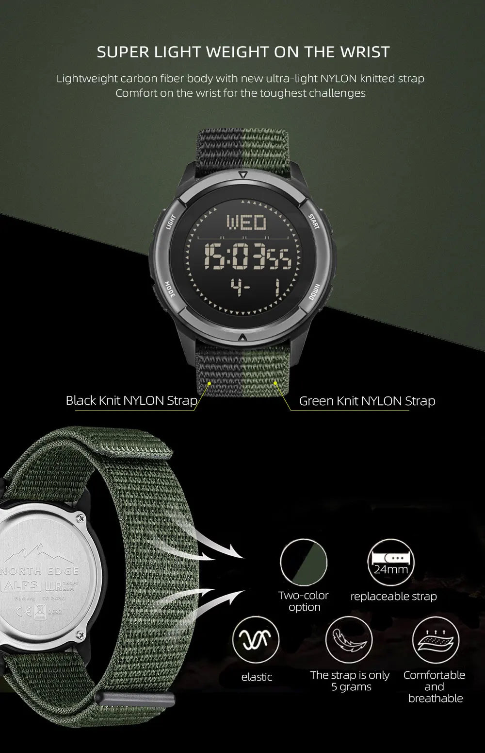 NORTH EDGE ALPS Men's Carbon fiber Digital Watch Shock Militray Sports Super Light Outdoor Compass Waterproof 50M Wristwatches