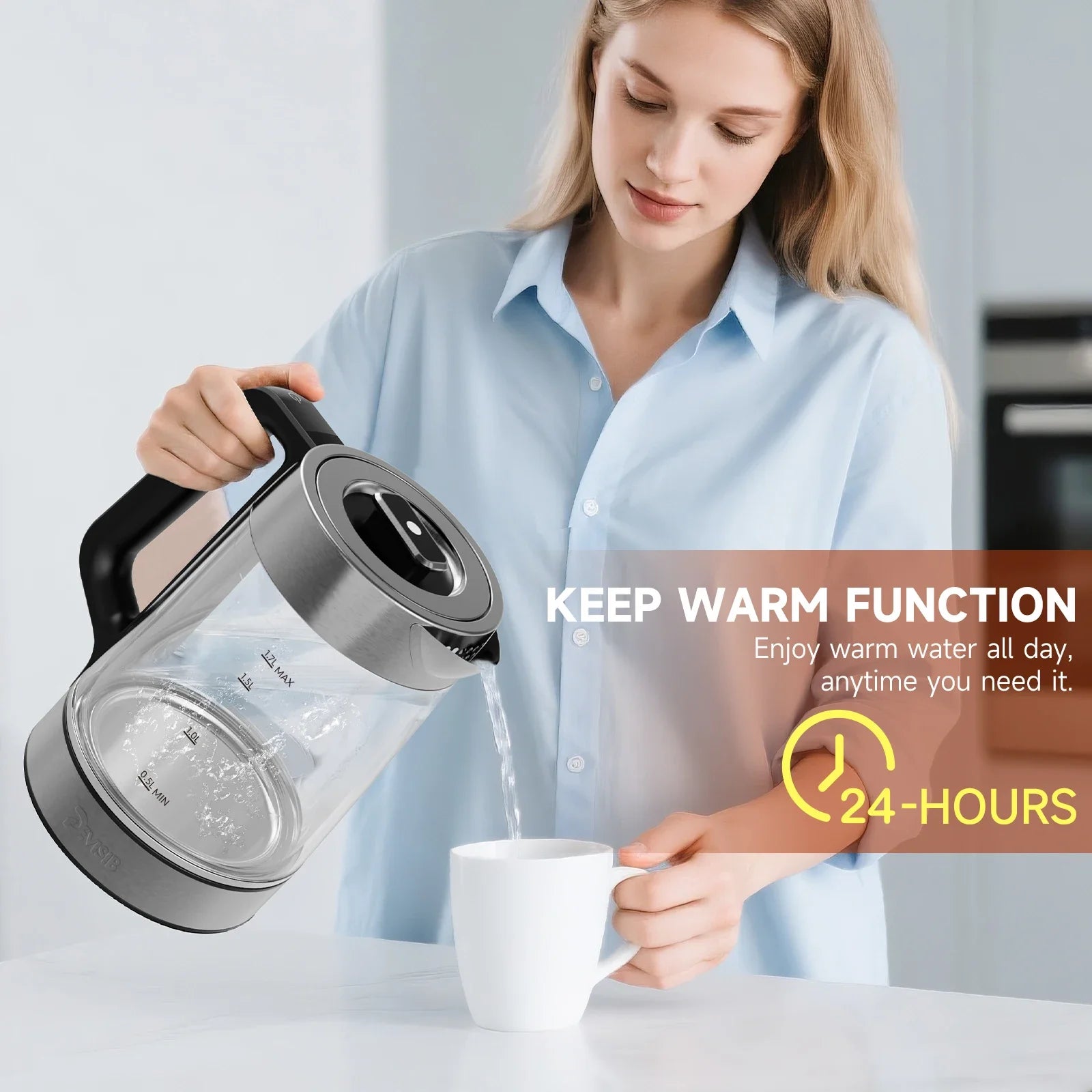 DEVISIB Dual Wall Electric Glass Kettle, Live Temperature Display, 2200W Fast Boiling, Temperature Control, 24-Hour Keep Warm