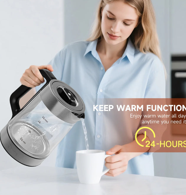 DEVISIB Dual Wall Electric Glass Kettle, Live Temperature Display, 2200W Fast Boiling, Temperature Control, 24-Hour Keep Warm