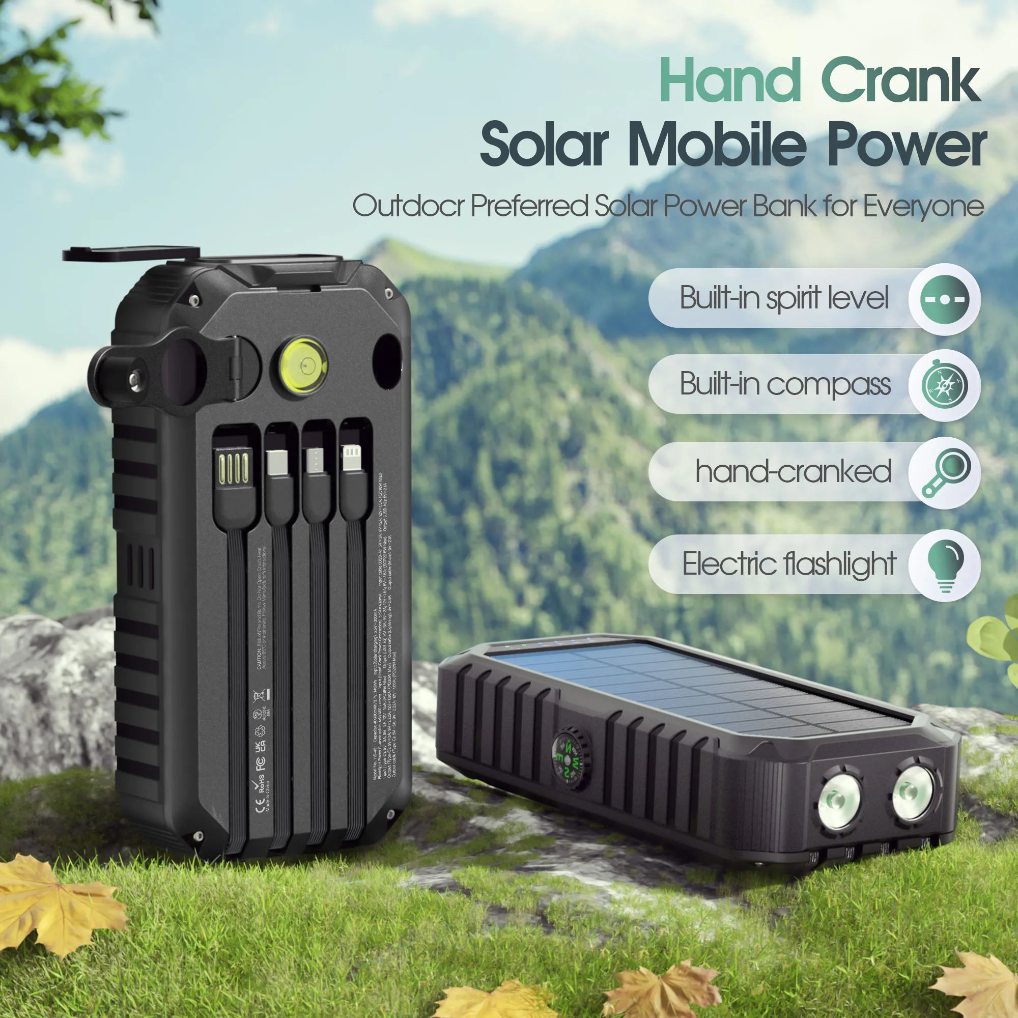 Solar Power Bank with Hand Crank Type-C Fast Charging, Bright LED Light