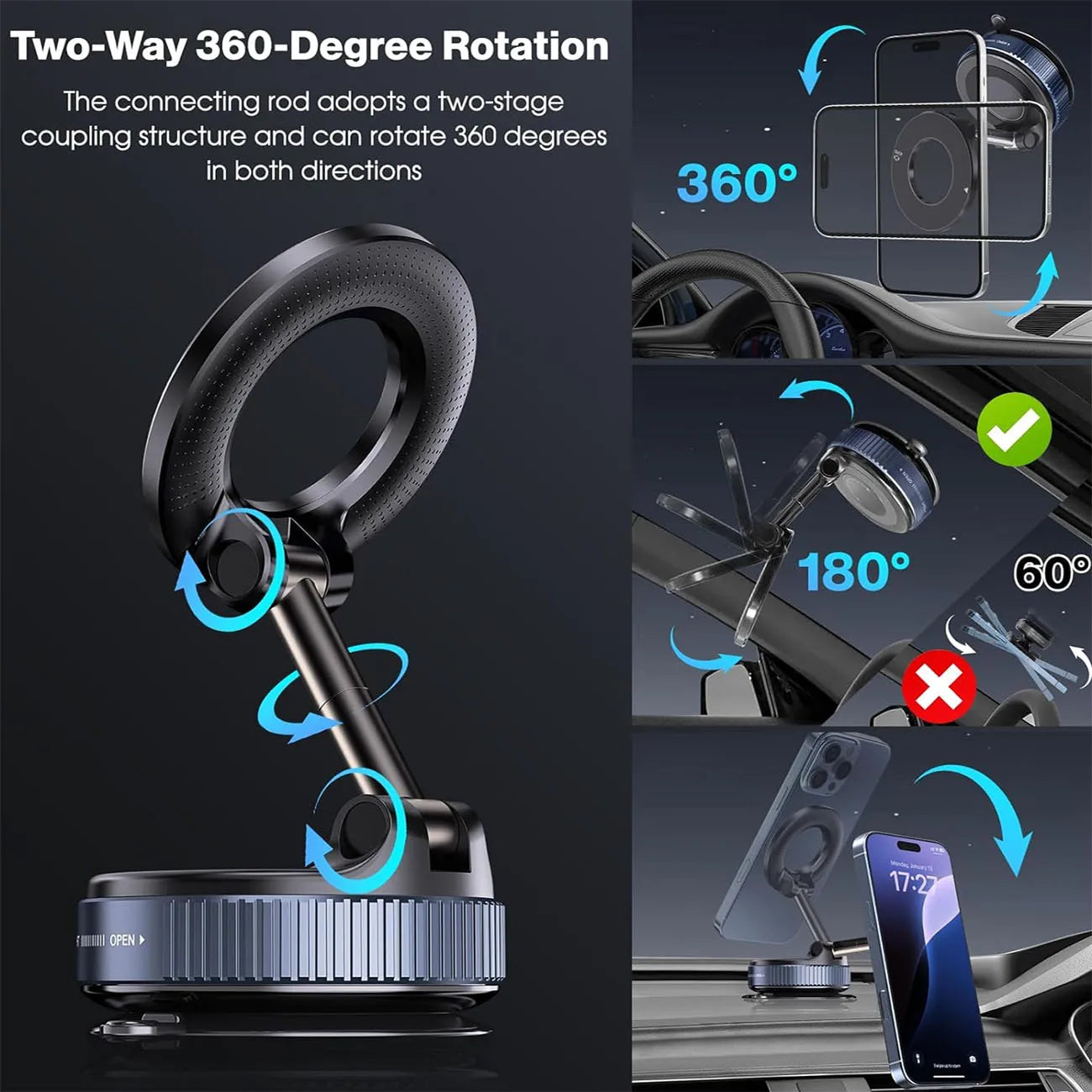 Magnetic Phone Holder Foldable Design 360° Adjustable Vacuum Car Mount