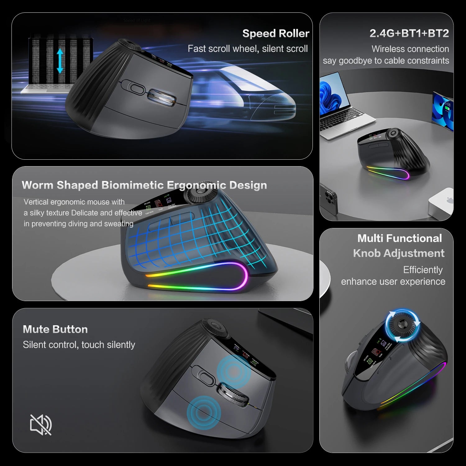Jomaa RGB Backlit Speed Roller Wireless Vertical Mouse with Function Adjustment