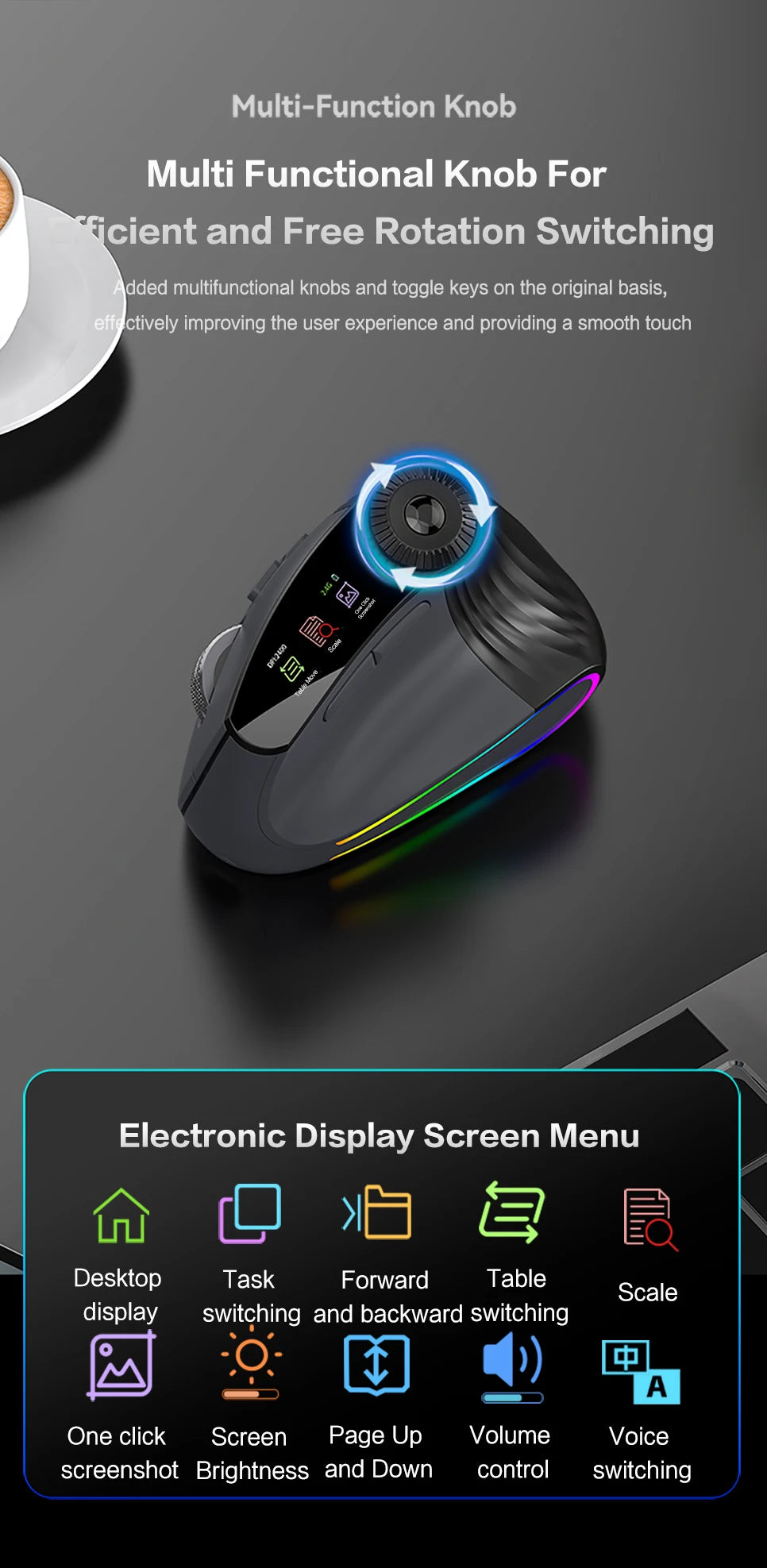 Jomaa RGB Backlit Speed Roller Wireless Vertical Mouse with Function Adjustment