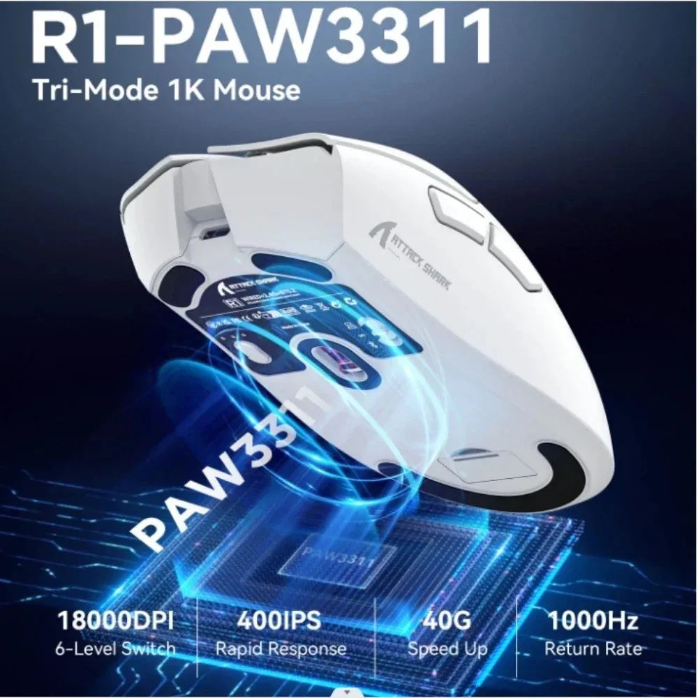 Attack Shark R1 Wireless Mouse,Tri-Mode,Lightweight Ergonomic Design,PAW3311 Sensor for Gaming&Office PC Laptop Windows