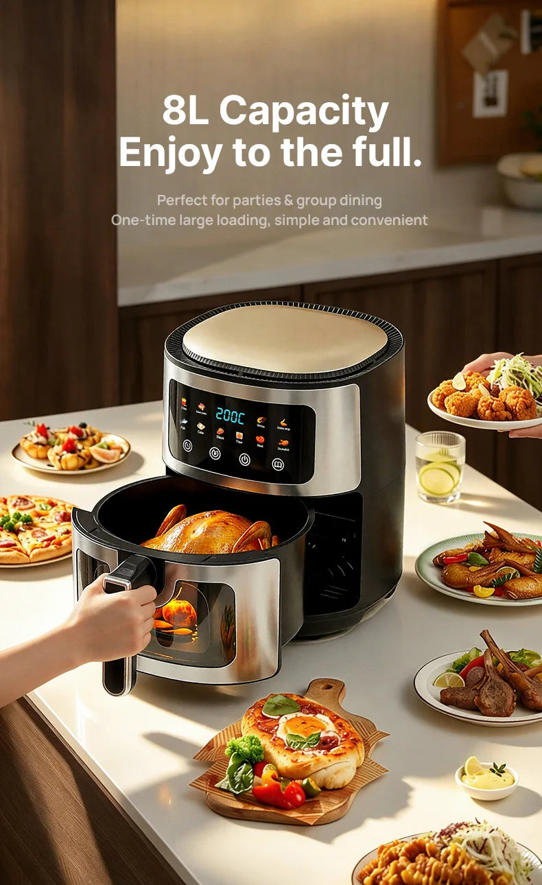 8L Stainless Steel Air Fryer with Clear Viewing Window 8 One-Touch Smart Presets Oil-Free Crispy Cooker Non-Stick Basket Whisper