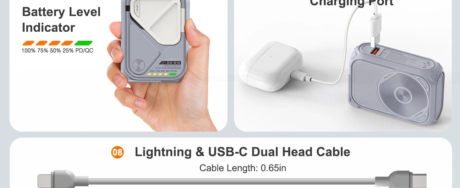 Magnetic Wireless Power Bank USB Type-C Detachable Data Cable Phone Holder