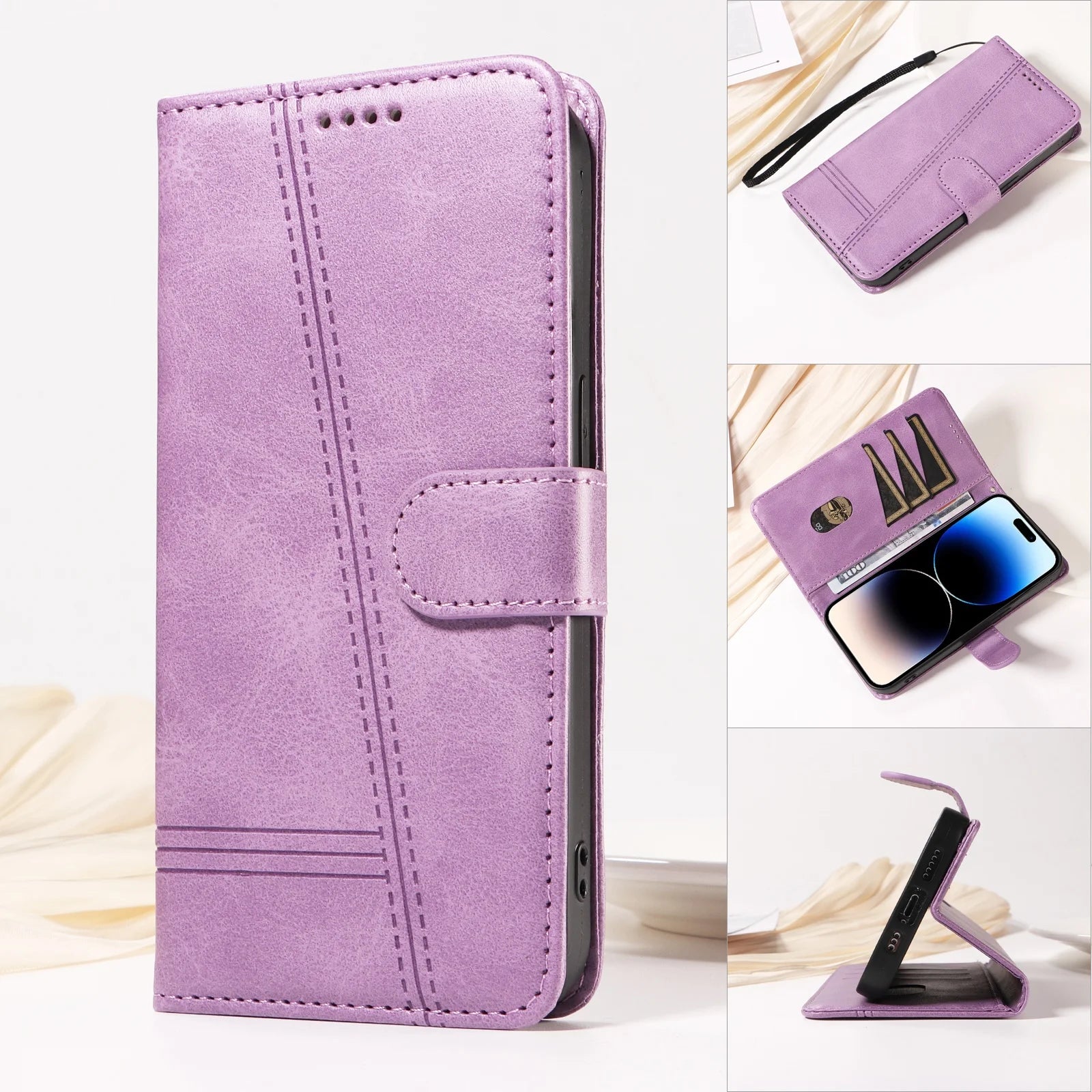 Line Leather Case For iPhone Pro Max Plus Mini Air Phone Case Flip Wallet Card