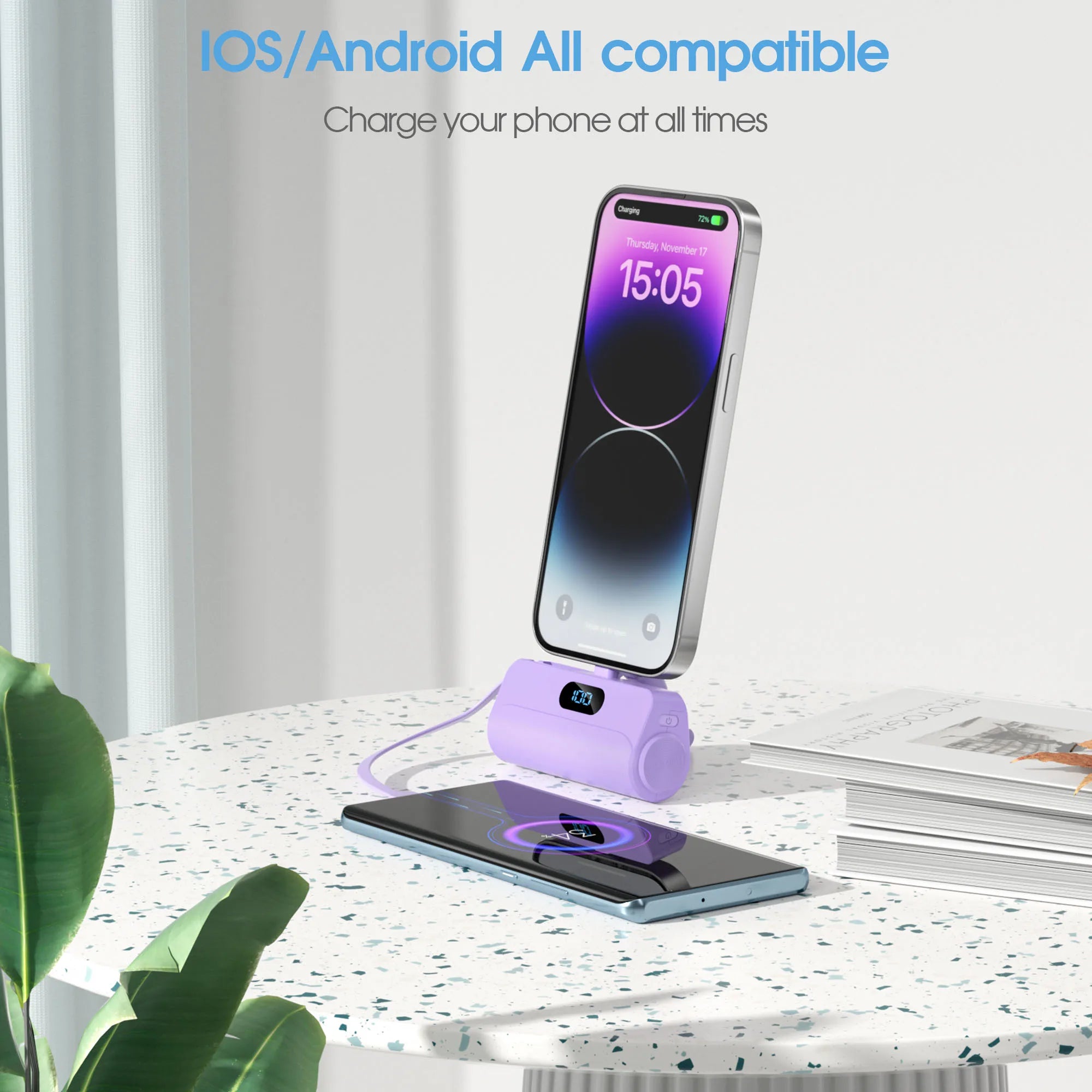 Mini Portable Charger with Built in Lightning port Type-C Cable, Foldable Stand,