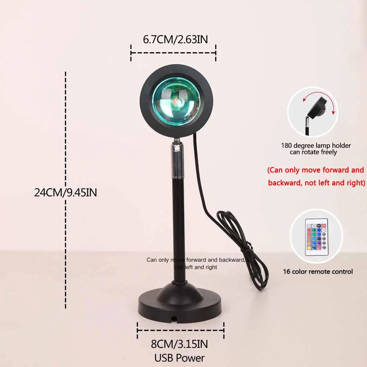 1pc 16 color LED sunset projection light, remote control, USB power supply light