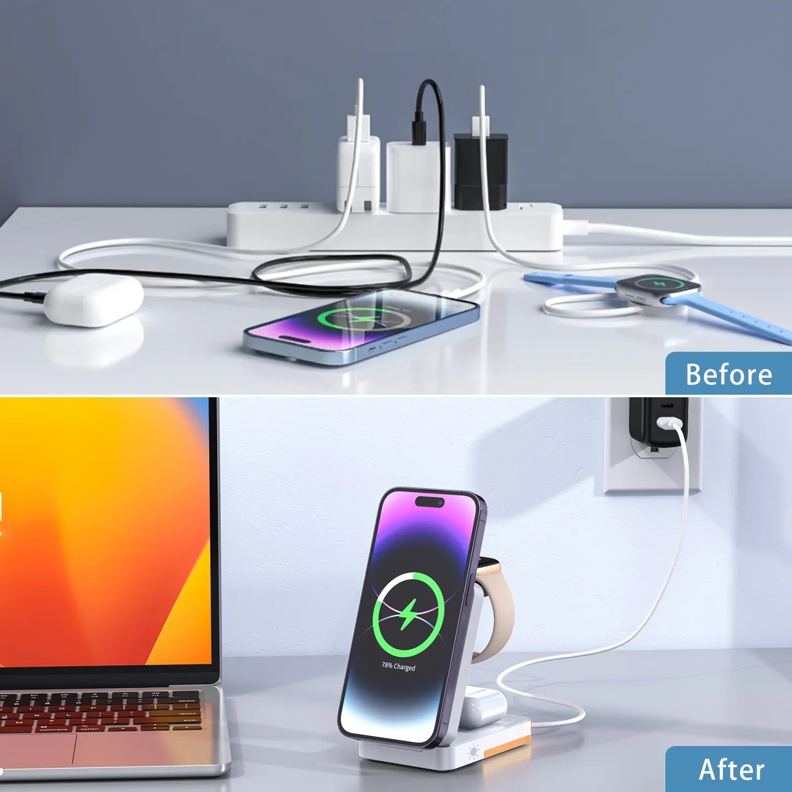 LED Light Wireless Charger Stand 3 in 1 Foldable For iPhone Watch Charging Station