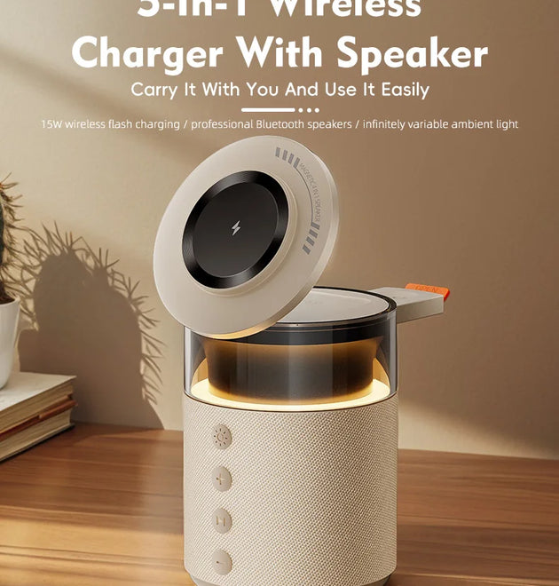 5-in-1 Magnetic Wireless Charging Station with Wireless Speaker Night Light Fast Charger for iPhone iWatch AirPods With Speaker