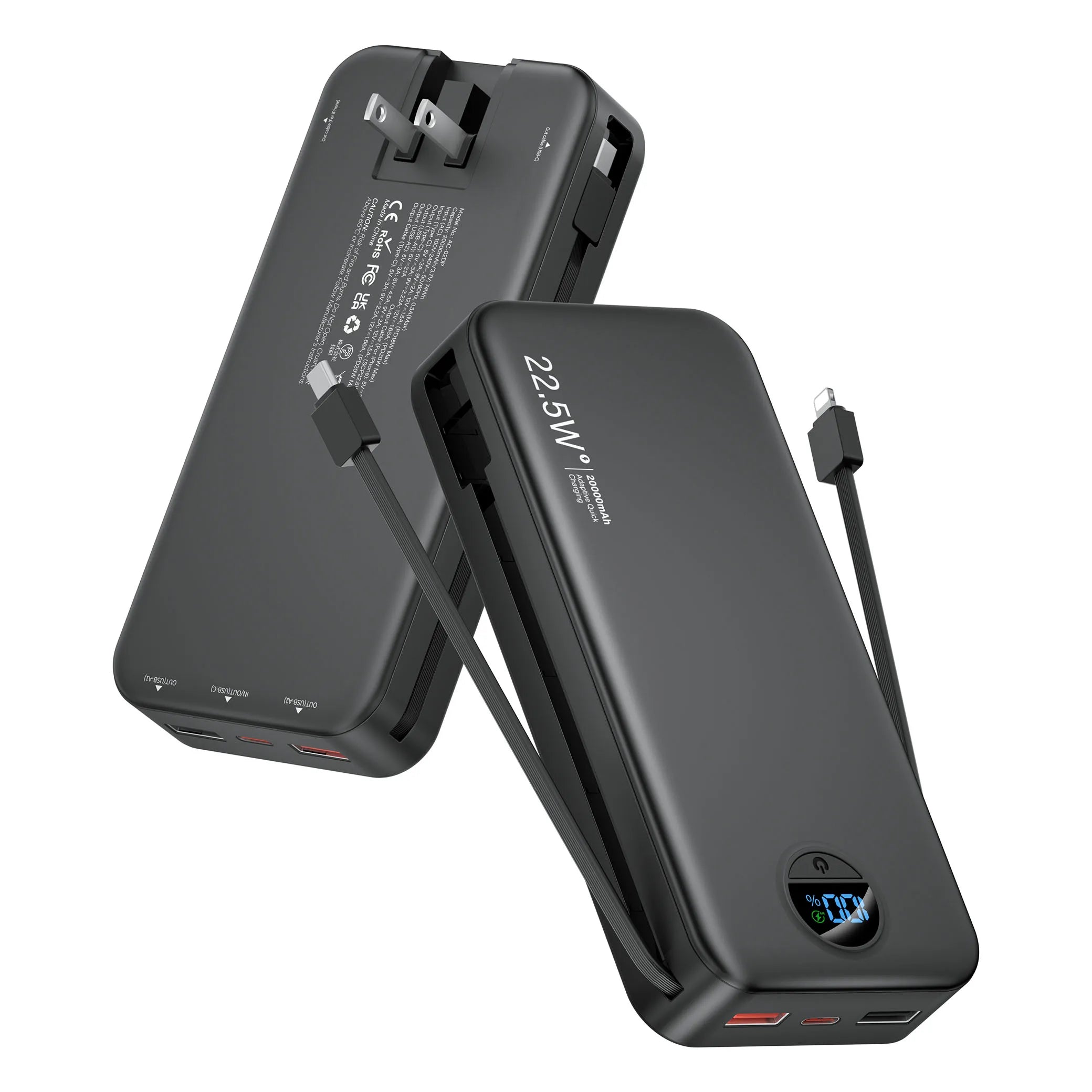 Power Bank with Built-in AC Plug & Dual Cables, PD20W Fast Charging Type-C