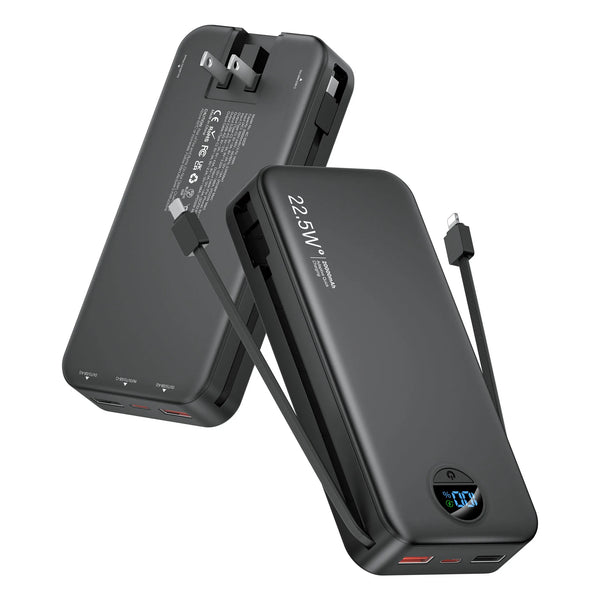Power Bank with Built-in AC Plug & Dual Cables, PD20W Fast Charging Type-C