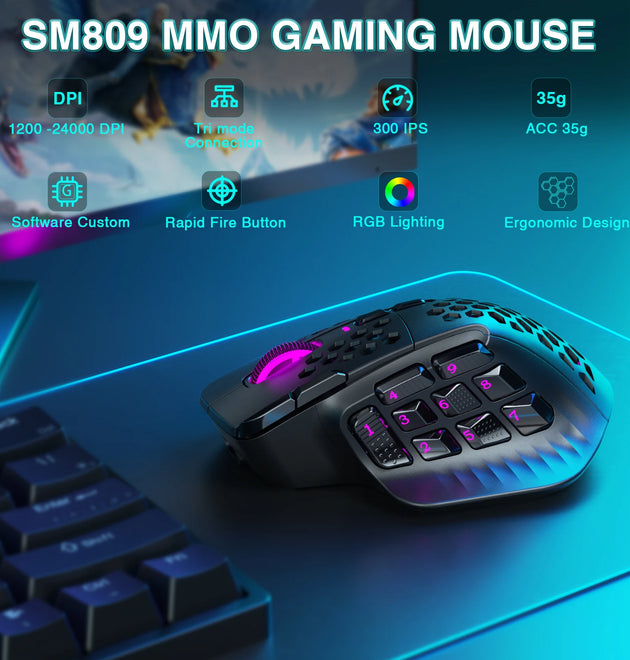 SOLAKAKA SM809 Pro Wireless MMO Gaming Mouse PAW3311 16 Side Buttons 24000 DPI RGB Honeycomb Programmable Macro Wireless mouse
