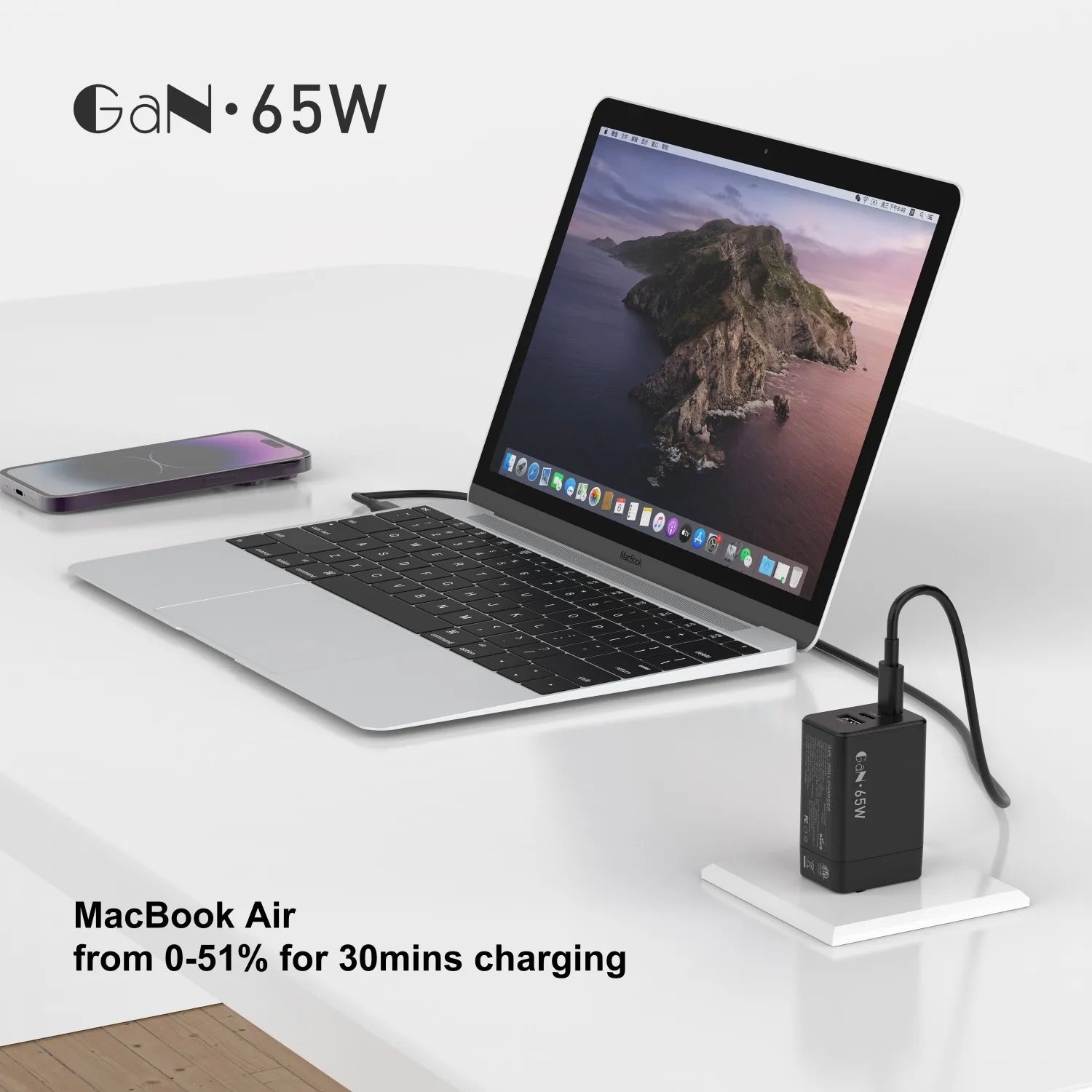 For Laptop Charger , 65W GaN 3 Port USB C Power Adapter With Type C Charging
