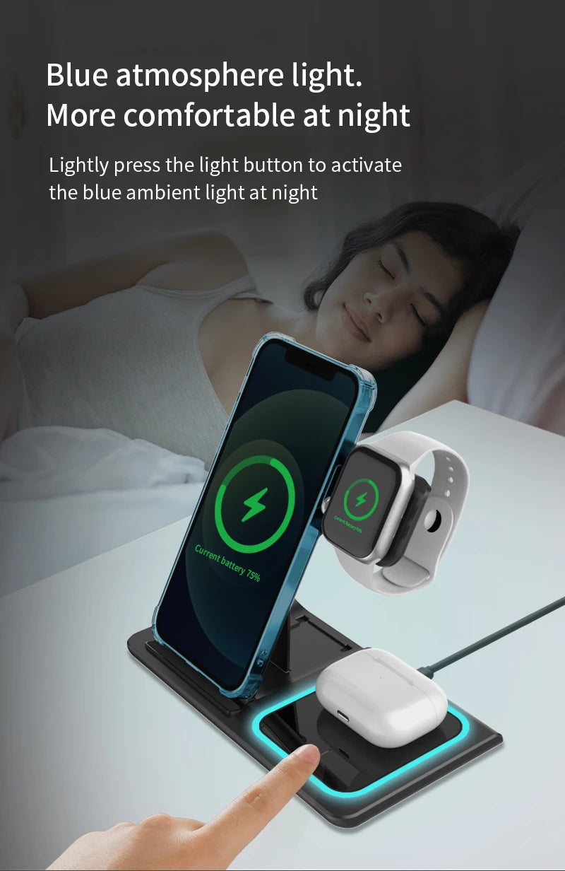 3 in 1 Wireless Charging Station Travel Charging Pad for iPhone 12~17 Series,iWatch and Airpods  15W  Fast Charger Foldable