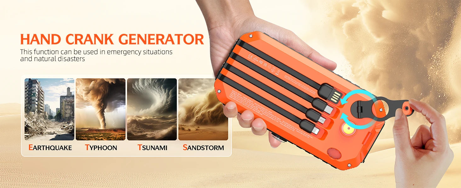 Solar Charger Power Bank 40000mAh Built in 4 Cables and Hand Crank